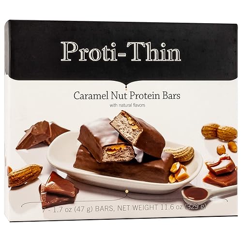 Proti-Thin Caramel Nut - Barra alta en proteínas, barras de preentrenamiento de alta fibra, 0.51 onzas de proteína, baja en grasa, baja en azúcar,