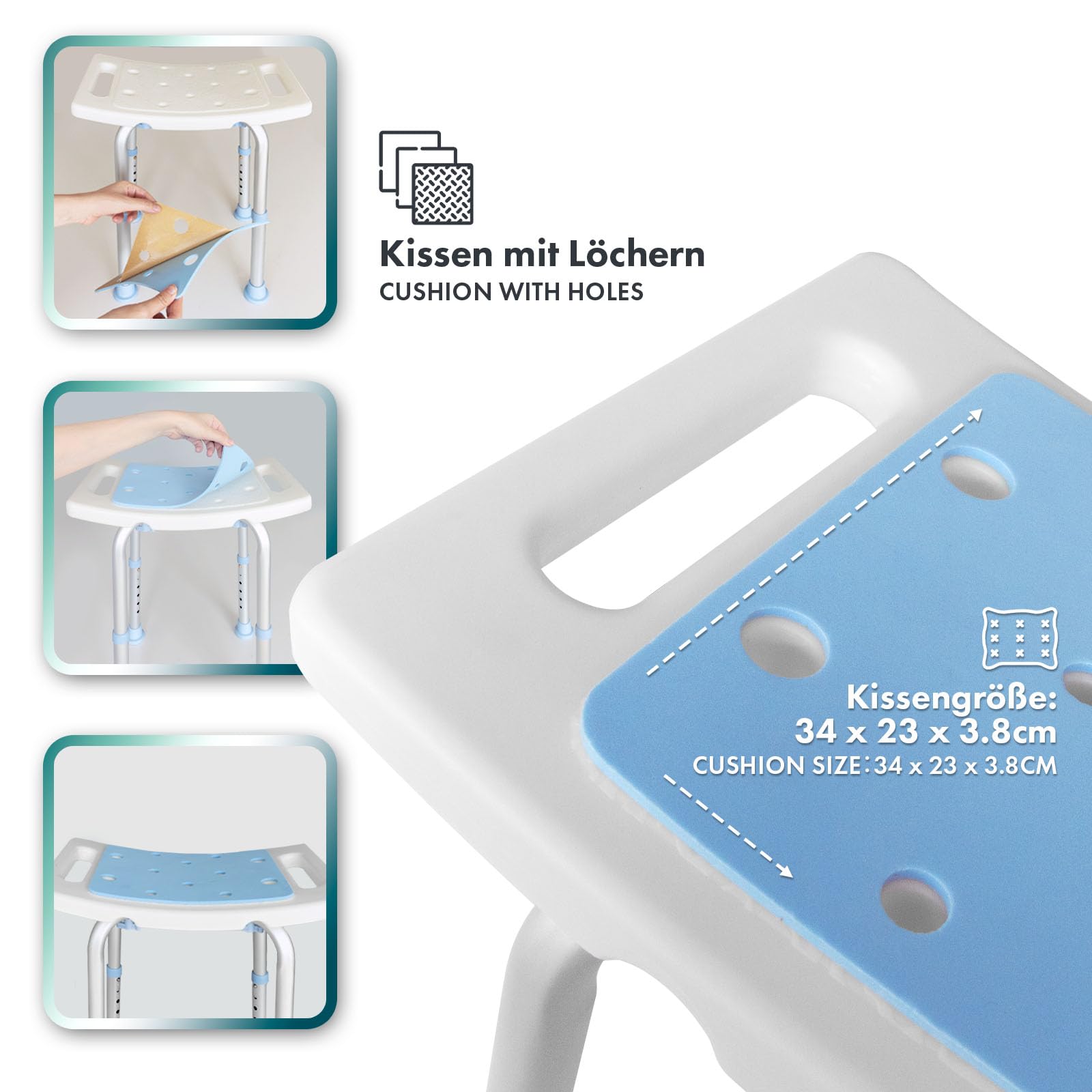 Floordirekt Taboret prysznicowy Nora – krzesło prysznicowe z regulacją wysokości 37,5-49,5 cm – obciążenie do 136 kg