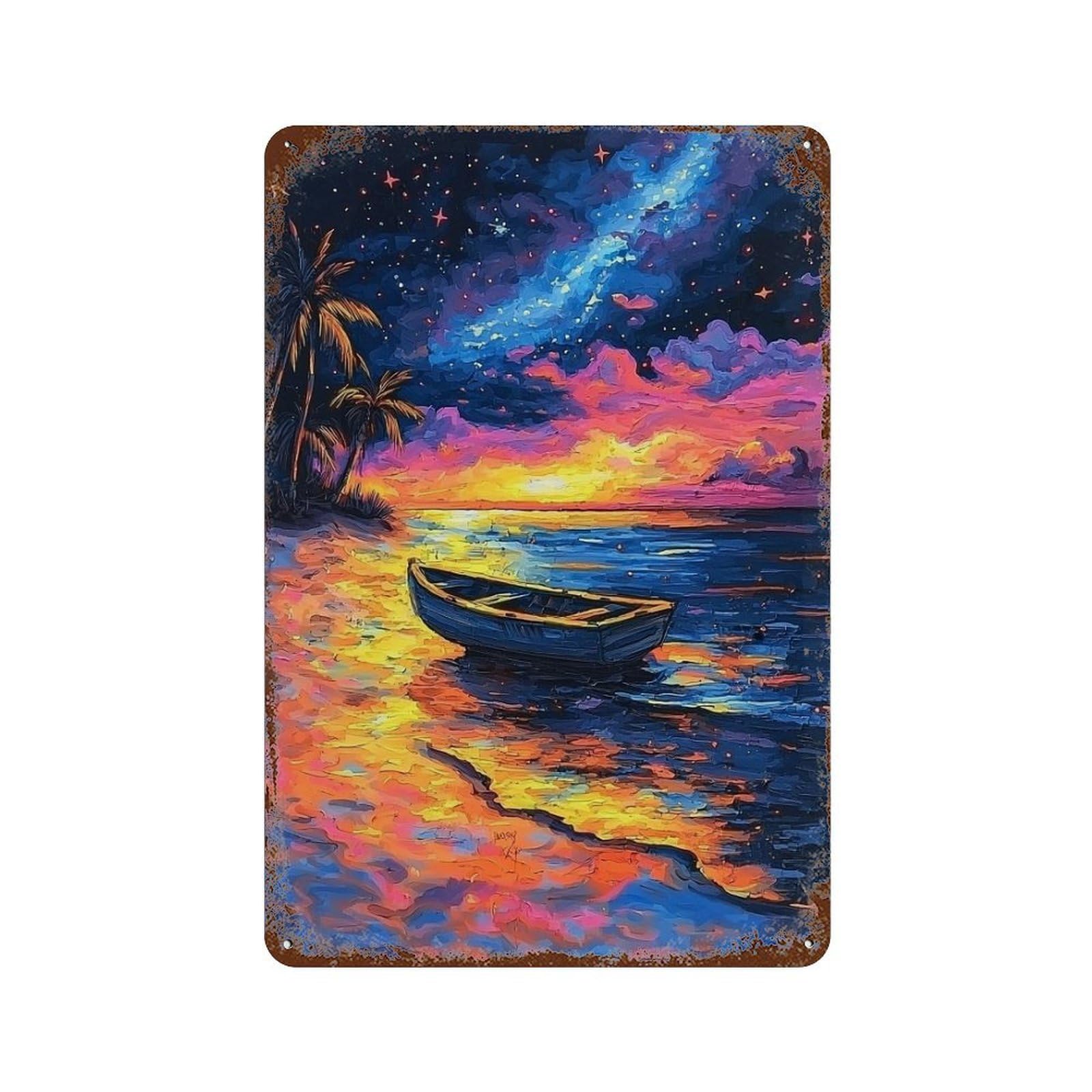 Beach Sunset with Boat Retro Metal Sign 11.8"x7.9", Novelty Wall Decor for Farmhouse, Kitchen And Entryway Decor