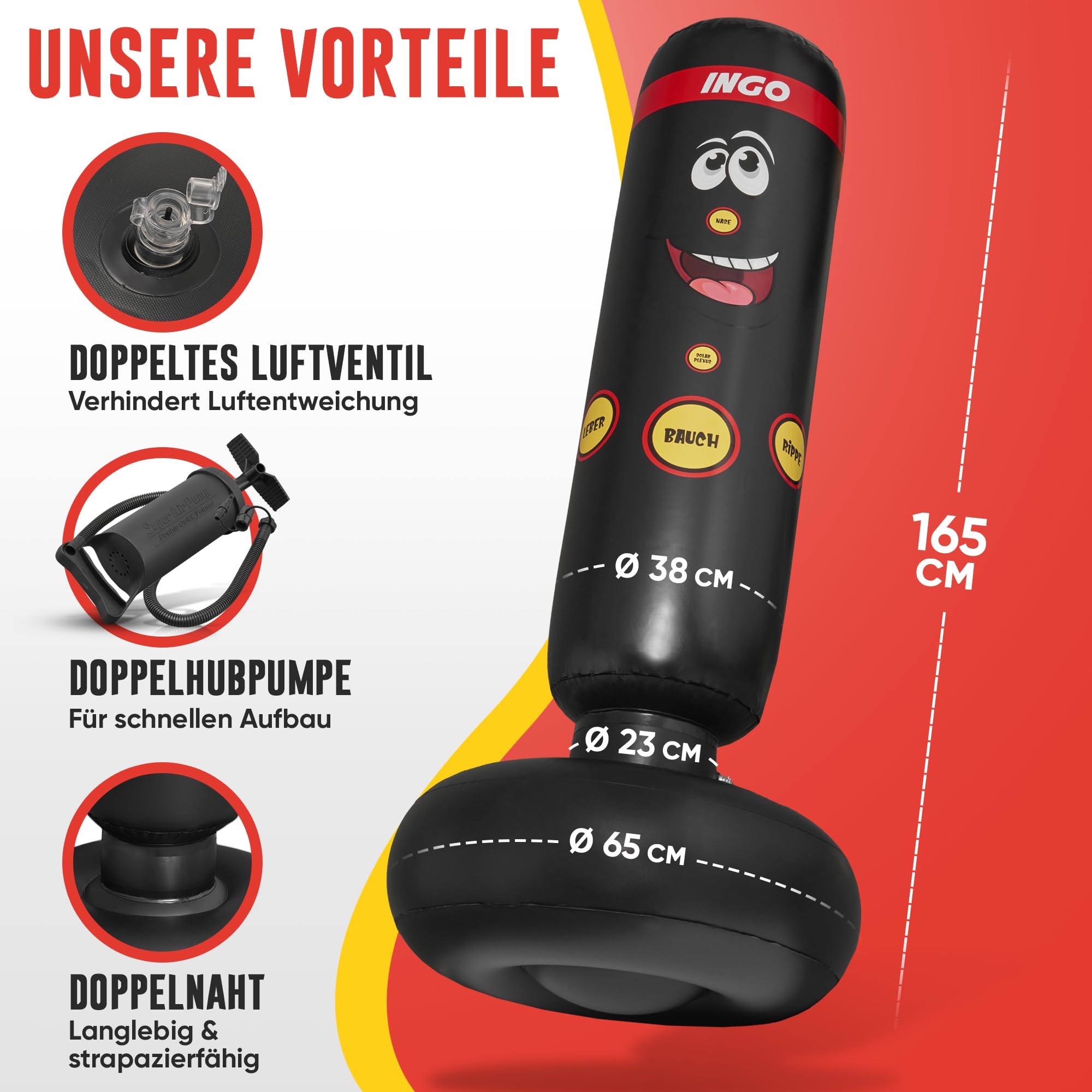 INGO® Boxsack für Kinder (pädagogisch konzipiert für Innere Kraft), inkl. Handschuhe & Pumpe | Kinder Boxsack (165cm) zur Schulung von Fokus, Selbstkontrolle & Körperbewusstsein
