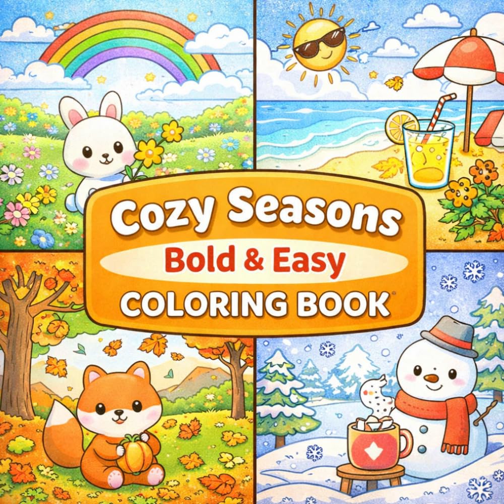Cozy Seasons: Bold & Easy Coloring Book: Relaxing Seasonal Scenes with Cute Cozy Moments, Big Simple Designs for Easy Coloring and Stress Relief