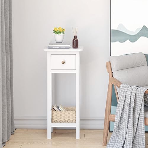 Miniatura 2 de GORELAX Mesa auxiliar estrecha, mesita de noche alta con cajón y estante, mesita de noche pequeña con dispositivo antivuelco, sin montaje, color