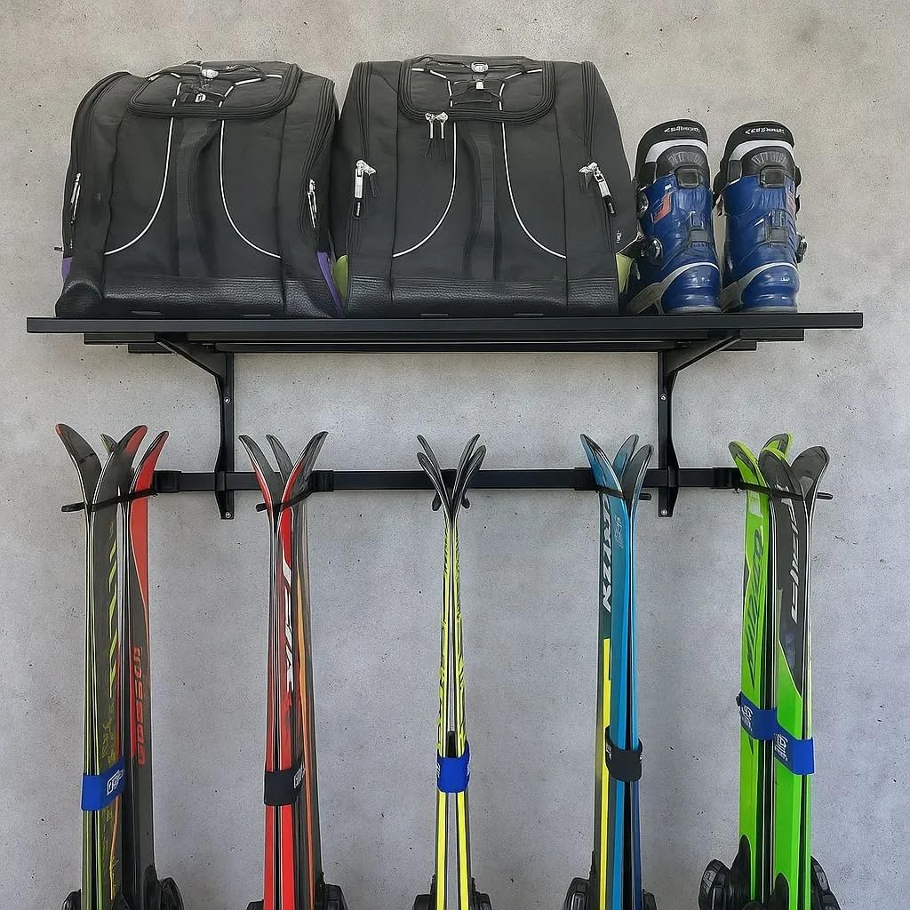 Divit Skihalterung Wand Skihalter Geräteleiste mit verstellbaren Metallhaken bis 136 kg - Schwarz