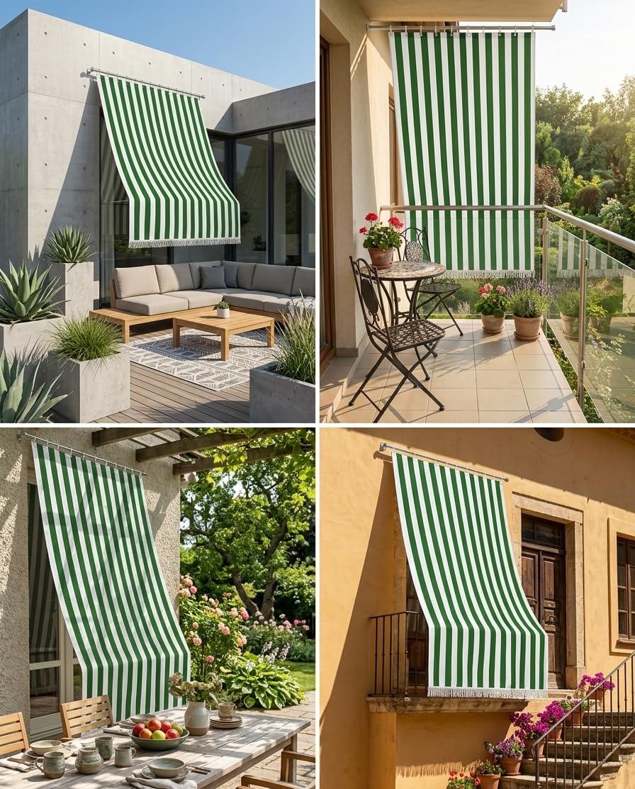 Rivers - Toldo de rayas para balcón y ventana exterior, poliéster ligero, filtro de luz solar, varios tamaños y colores, con flecos y anillas de plástico, 290 x 290 cm, rayas anchas verdes