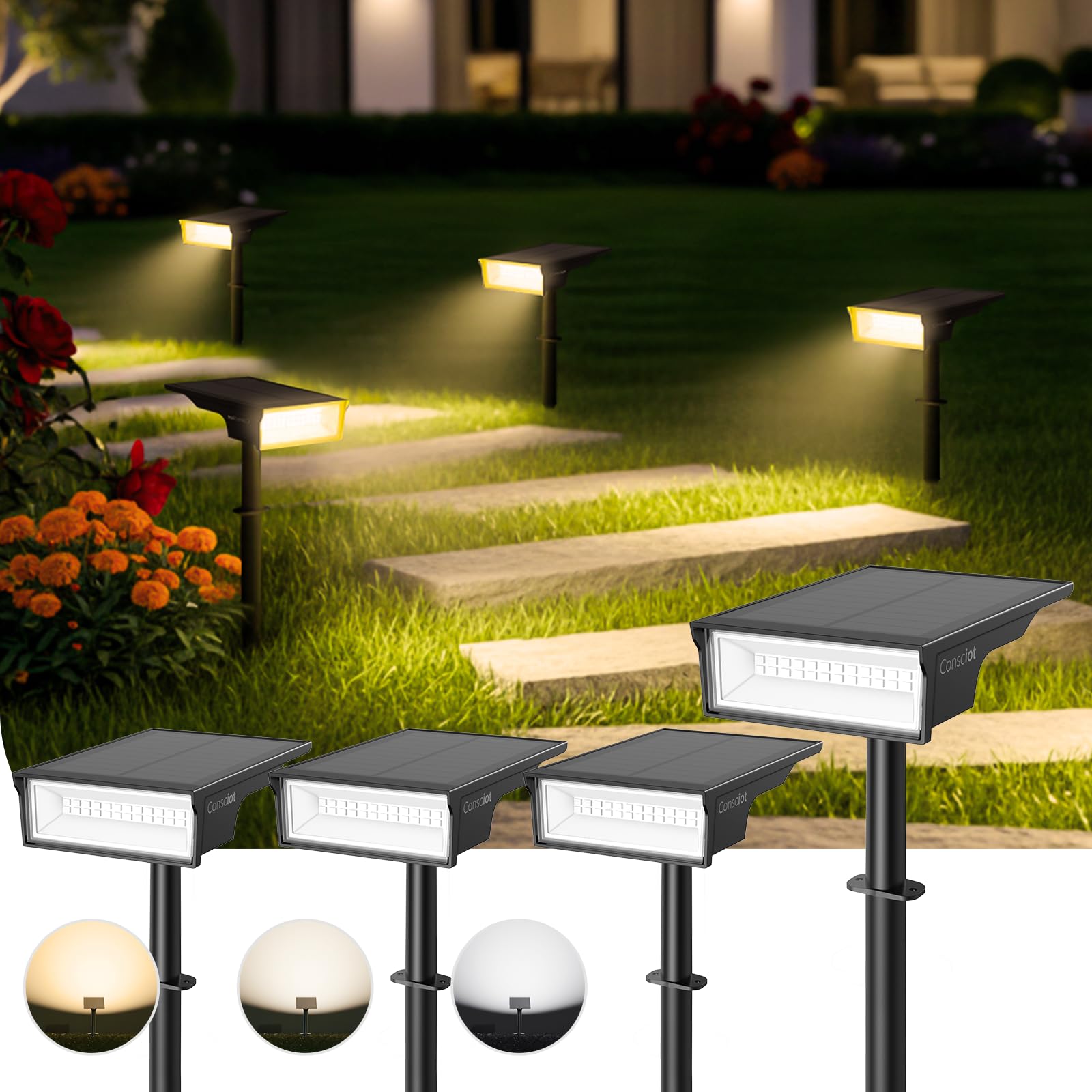 Consciot Wasserdichte Solarleuchten für den Außenbereich, 3 Farben, Solar-Gartenleuchte, 170° verstellbare Lichter für Außenbereich, Terrasse, Landschaftsbeleuchtung, Halloweenweg, IP65