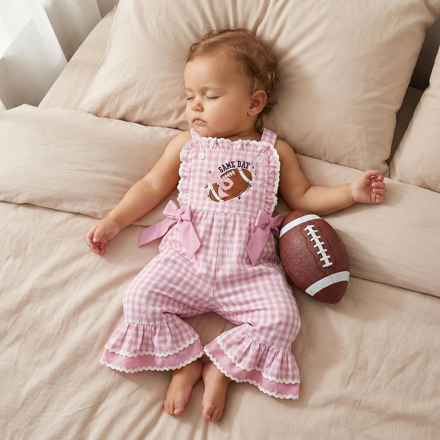 Toddler Football Outfits Baby Girl Game Day Bell Bottom Overalls Ruffle Hem Adjustable Belts Cute Fall clothes