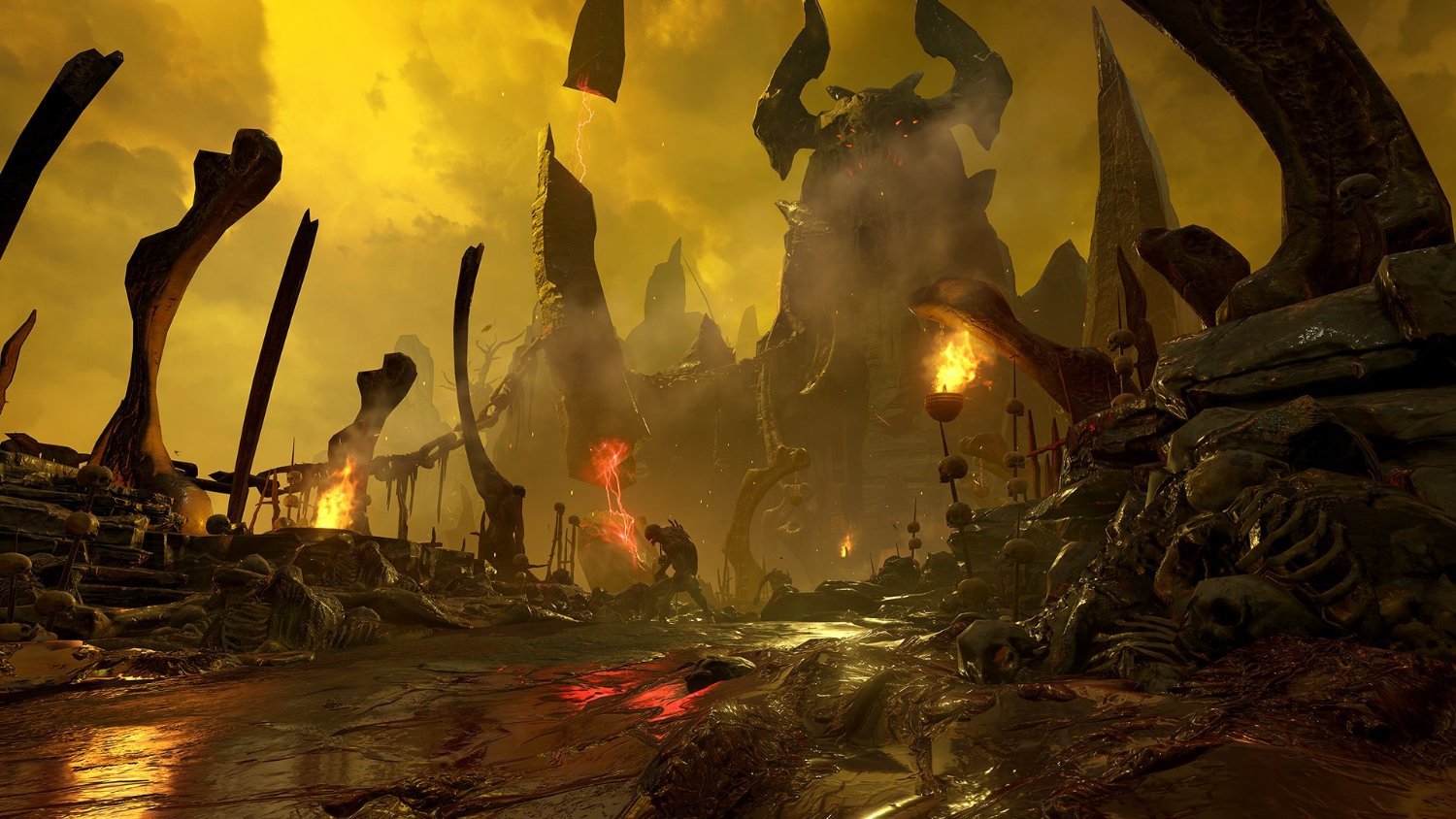 A desolate, fiery landscape of Hell with demonic structures and glowing lava.