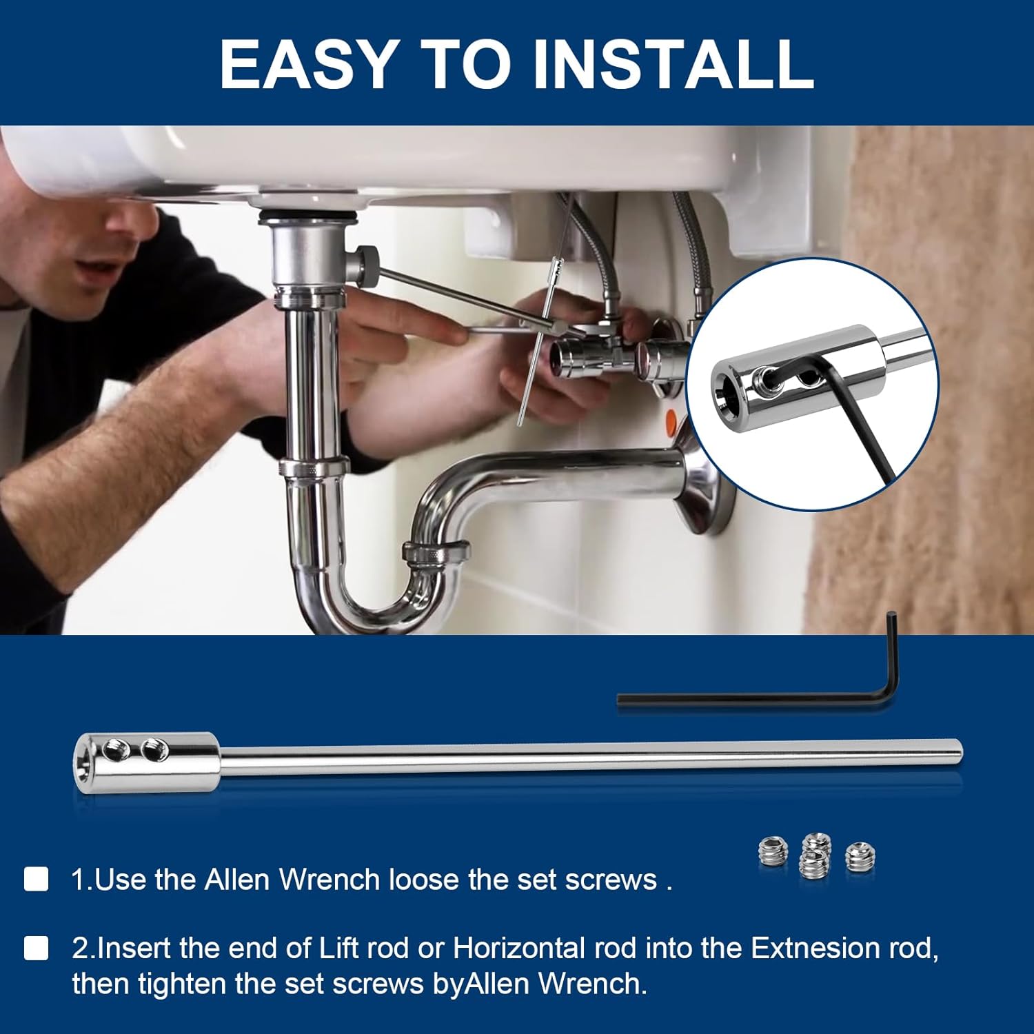 Extension Rod for Bathroom Pop-Up Vertical or Horizontal Rods, 6.64 Inch Pop Up Drain Extension Rod for Bathroom Sink Drain Assembly, Chrome Plated