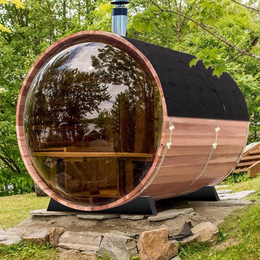 Outdoor Barrel Sauna, 4-5 Person Panoramic Saunas Room, Wood Burning Stove with Sauna Stone, Saunas Accessories and Asphalt Shingle Roof (Red Cedar（Wood Burning）, 70.86"x74.86"x74.86"
