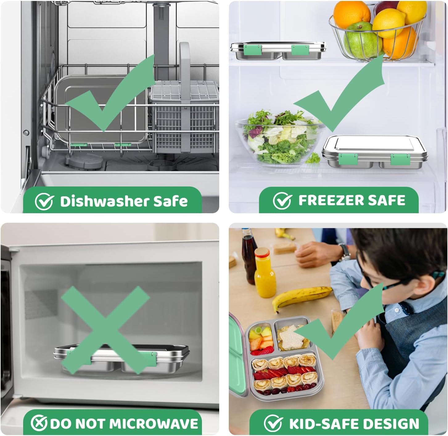 Stainless Steel Bento Box for Kids 1000ml - 3 Compartment Lunch Box for Adults, Leakproof Food Container, BPA-Free Metal Lunch Box with Silicone Seal, Eco-Friendly/Dishwasher Safe (Green) - Image 4