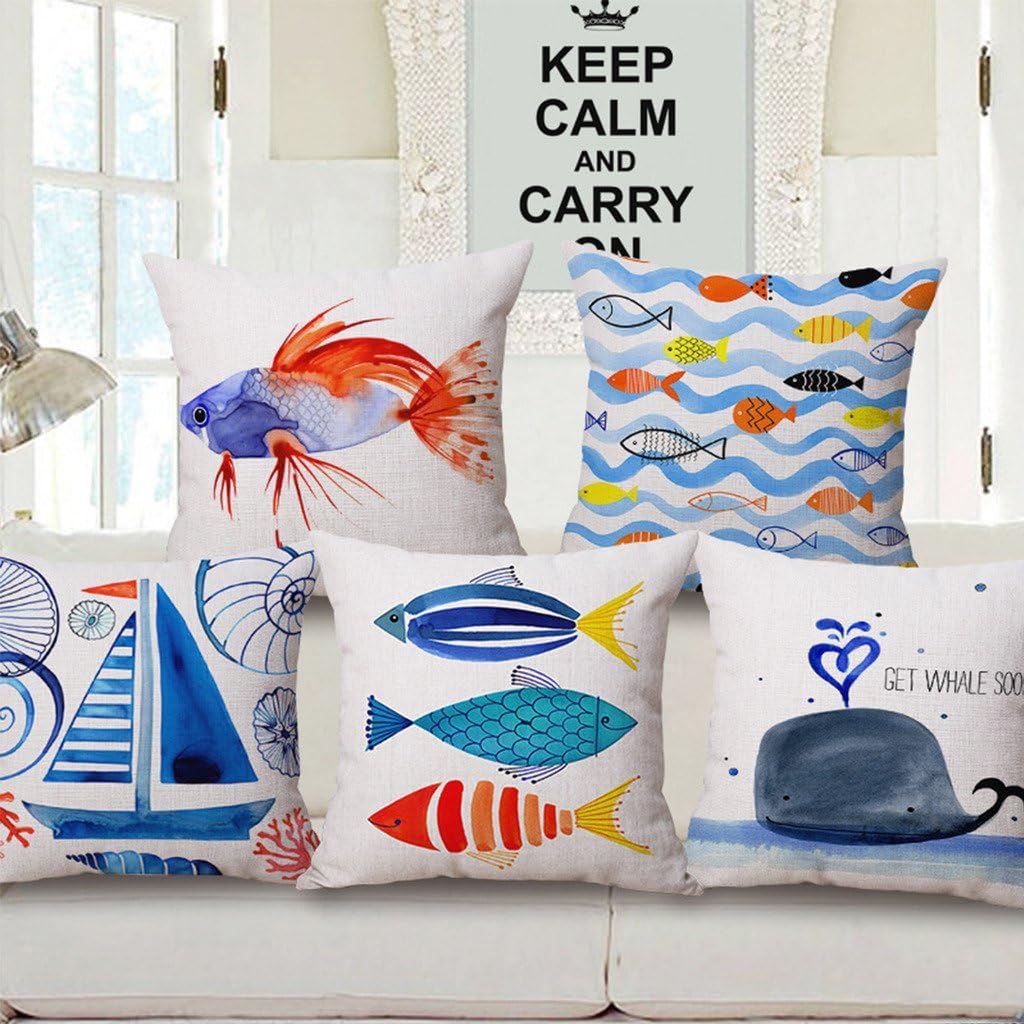 JES&MEDIS Linen Cotton Print Square Decorative Throw Pillow Case Cushion Cover for Bed Couch Car 18 x 18 Inches (Fish02)