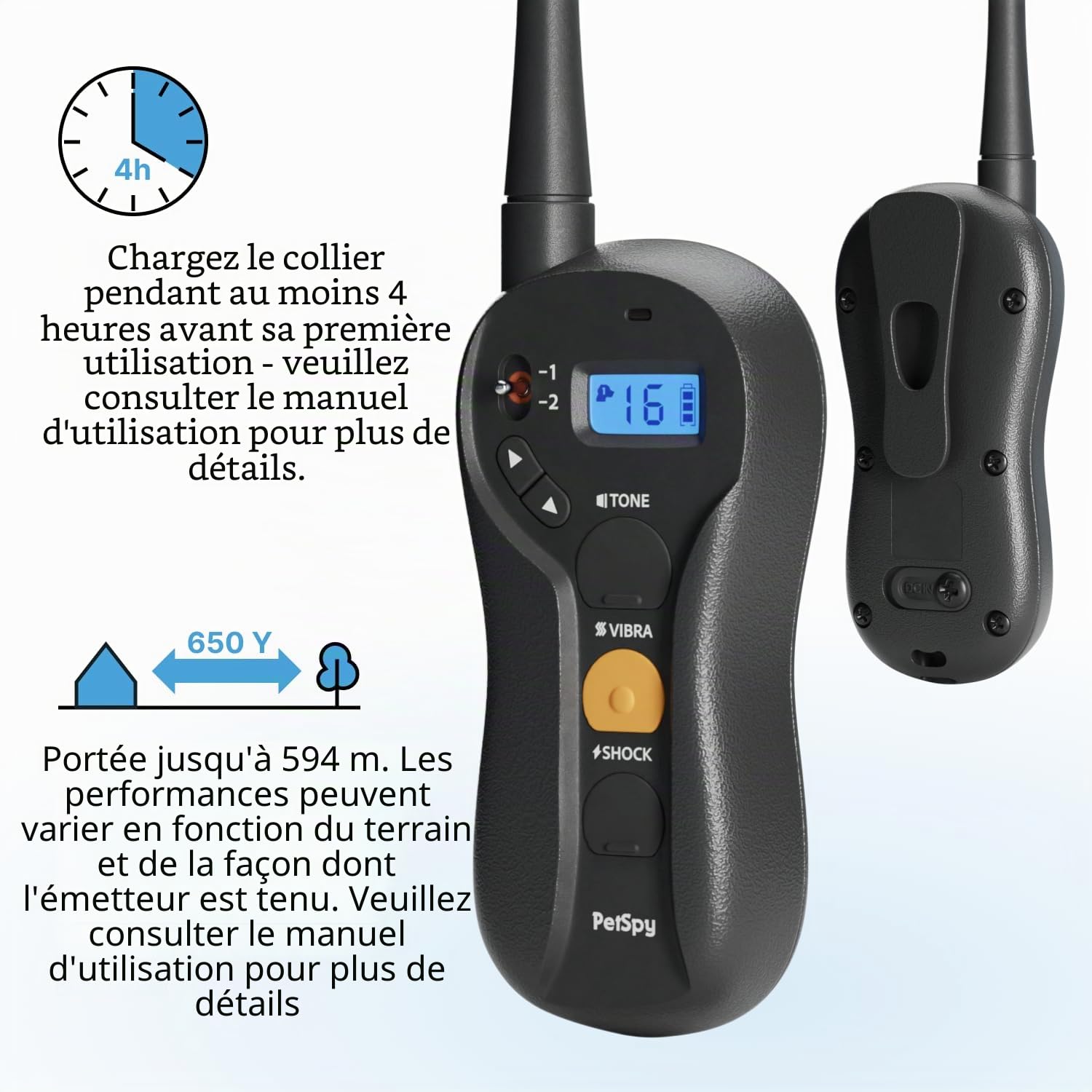 PetSpy – Collier de Dressage électrique pour Chiens avec Vibration, Choc et bip, qualité supérieure, Rechargeable et étanche, avec télécommande de Dressage, 4,5-63,5 kg - P620