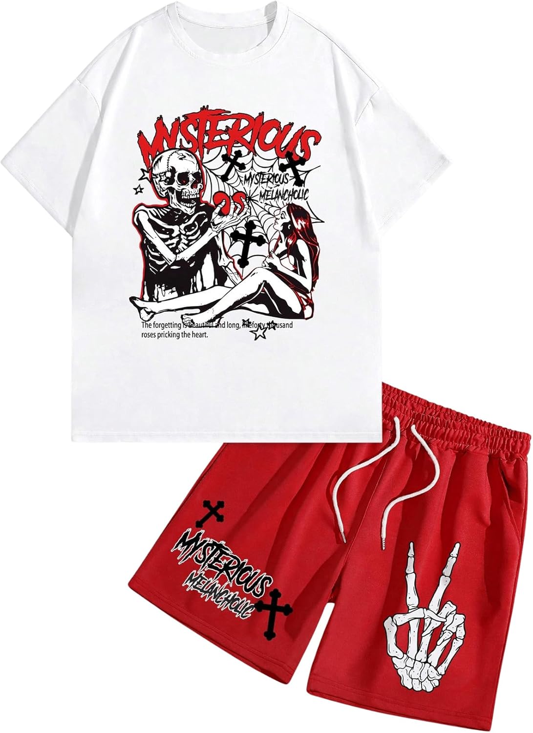 Men’s 2 Piece Summer Outfits Skull Graphic Tees and Drawstring Waist Shorts Casual Tracksuit Set