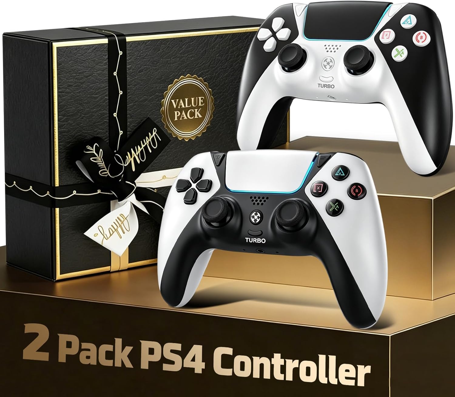 PS4 Controller 2 Pack,Wireless Remote for Playstation 4 Slim Pro,Dual ALPS Zero Drift Sticks Shock Game Control,PC Gaming Turbo Back Paddles Gamepad,Ergonomic Grip,Alternative Original,Black White
