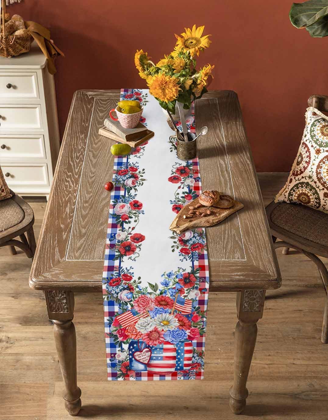 Independence Day Table Runner 108 Inches Long American Flag Flowers Coffee Table Runner Red Blue Plaids Kitchen Dining Table Decoration for Indoor Outdoor Home Party Holiday 13 x 108 Inch