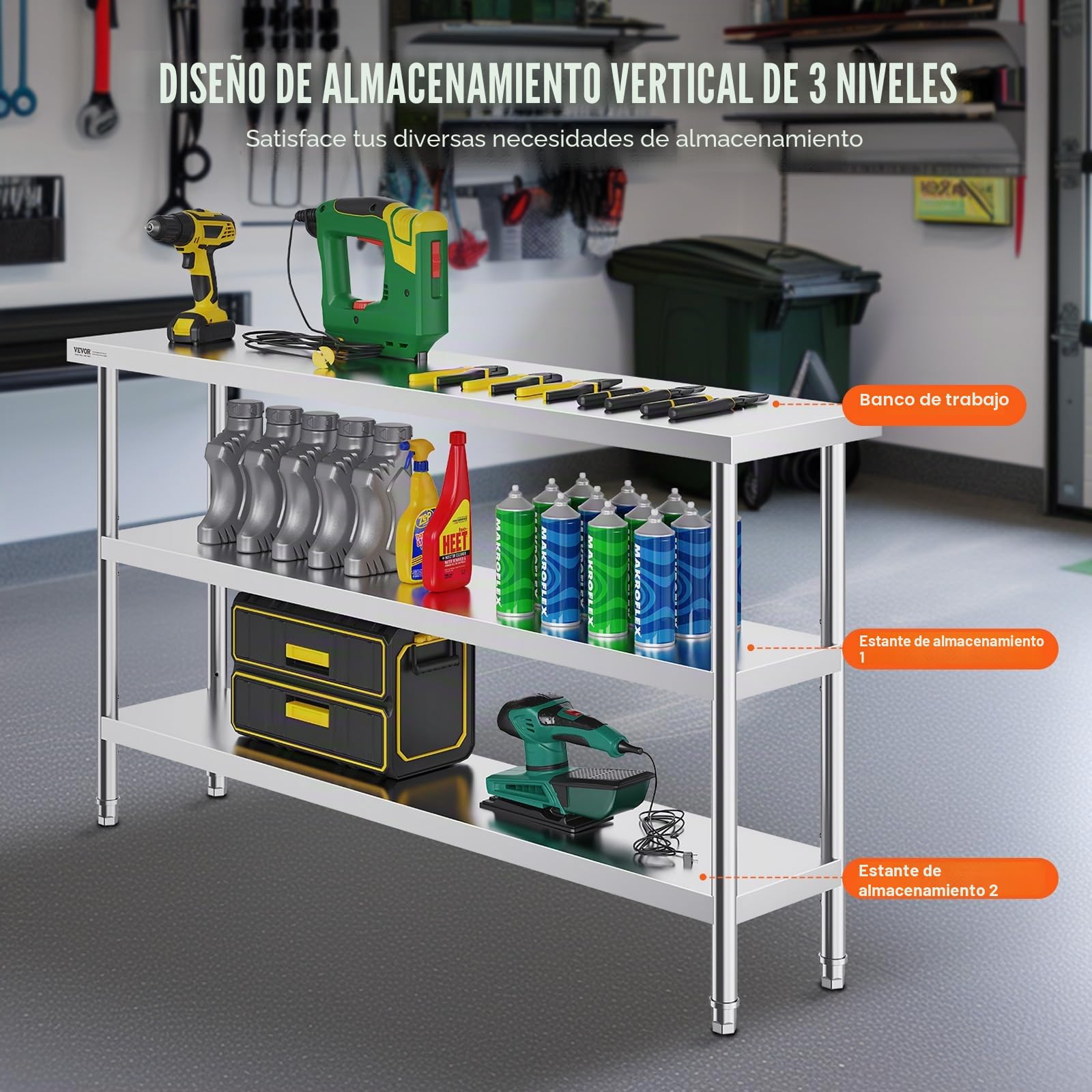 VEVOR mesa de Preparación de Alimentos 356x1524x864 mm Trabajo de Cocina Comercial Acero Inoxidable 2 Estantes Inferiores Ajustables Parrilla, Cocina, Hogar