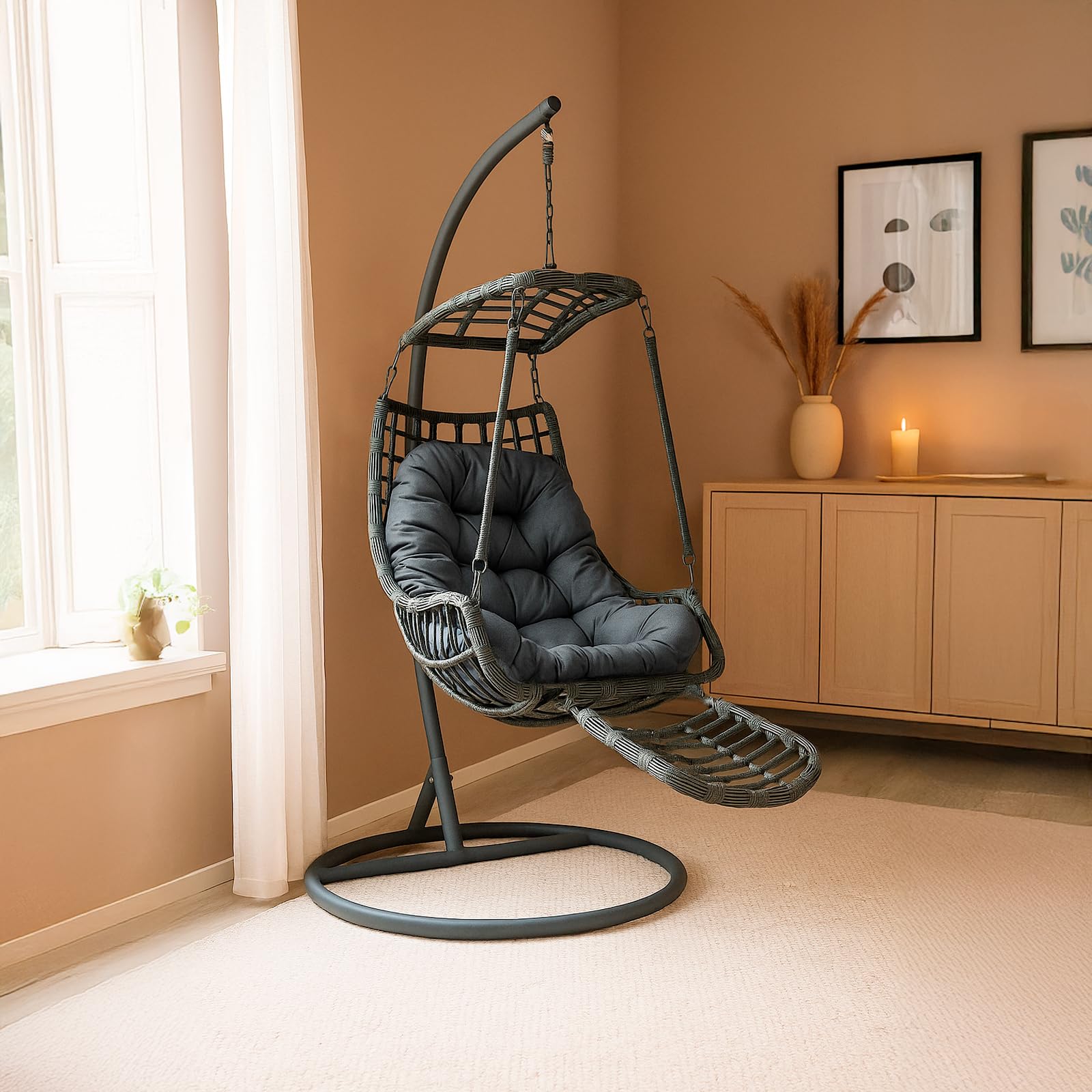 YOEVU - Silla Colgante con Soporte | Reposapiés Integrado | Estructura de Acero Reforzada | Cojín Acolchado Ergonómico | Diseño Boho para Interior y Exterior, Grande, Acero Aleado (Gris)