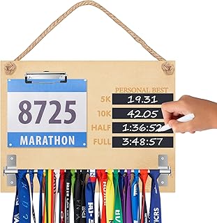 Wooden Medal Hanger Display Running Medal Holder Wall Hanger Race Bib Boards Holder with Records Blackboard Chalk Holds 20 Medals Gift for Marathon Runners