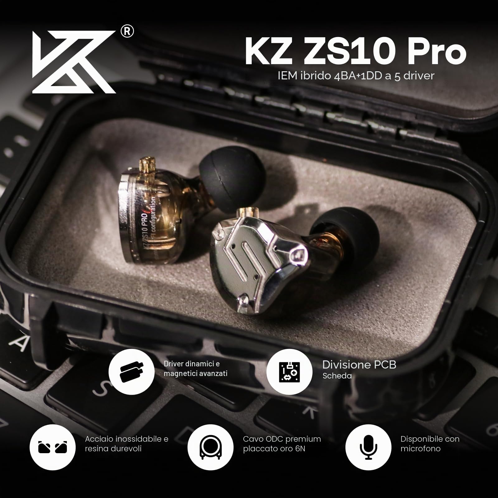 Linsoul KZ ZS10 Pro,In Ear Monitor con 4BA+1DD 5 Driver,Cuffie Cablate Hifi,Auricolari da Gaming con Mascherina in Acciaio Inossidabile,Cavo Staccabile per Musicisti(Senza Mic, Nero)