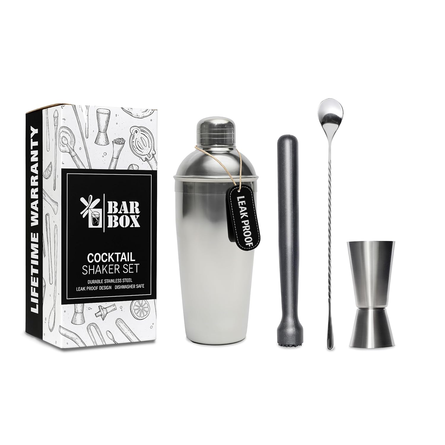 Bar Box 4-Piece Cocktail Shaker Set – Bartending Kit with Mixer Tools & Accessories, Portable Drink Maker, Gift for Men, Whiskey Lovers, Dad, Couples, Wedding, Birthday