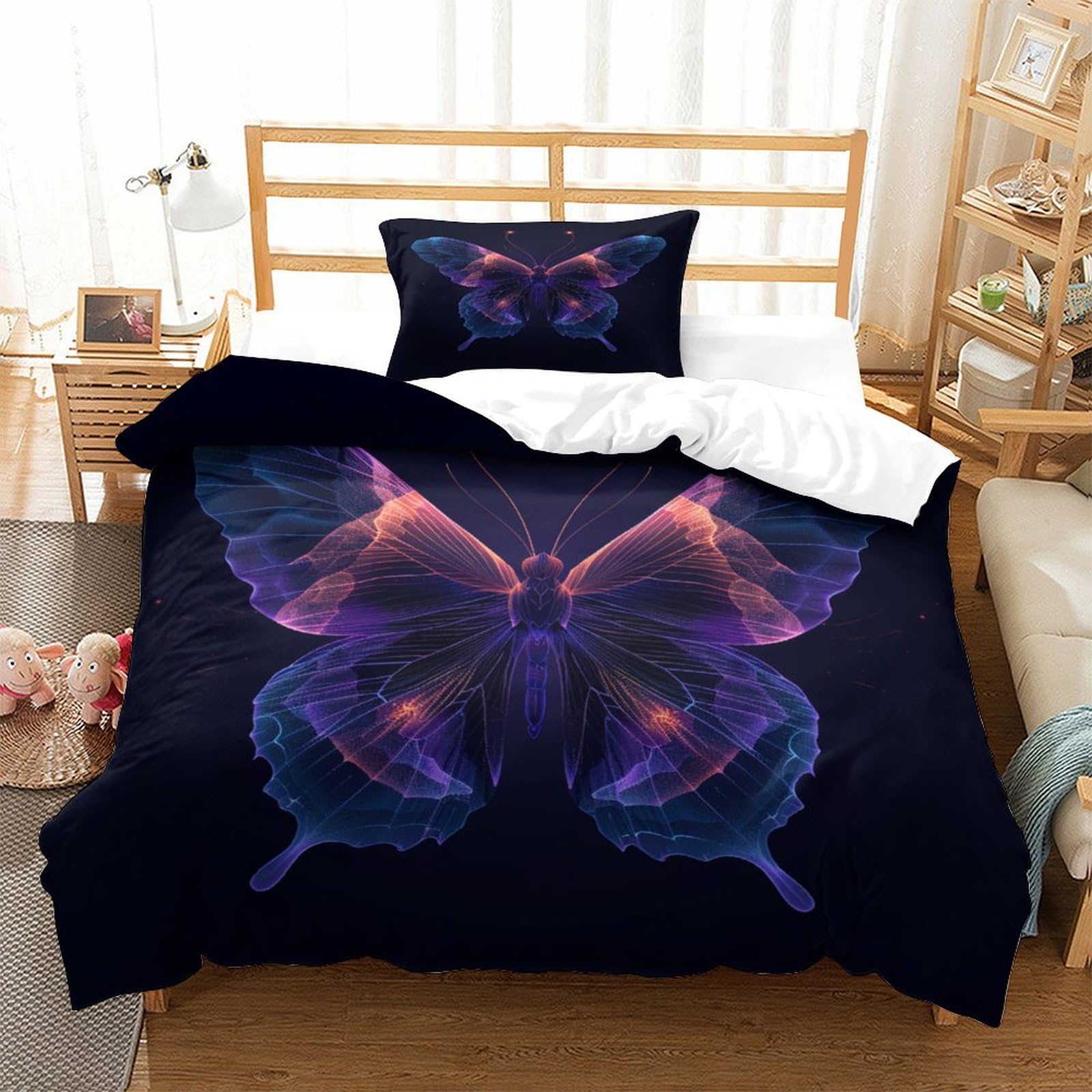 P1S9U7W5Y 3D Printed Fantasy Butterfly Duvet Cover Set 3 Pieces Microfiber Bedroom Decor Butterfly Bedding Set for Adults Teens Single（135x200cm）