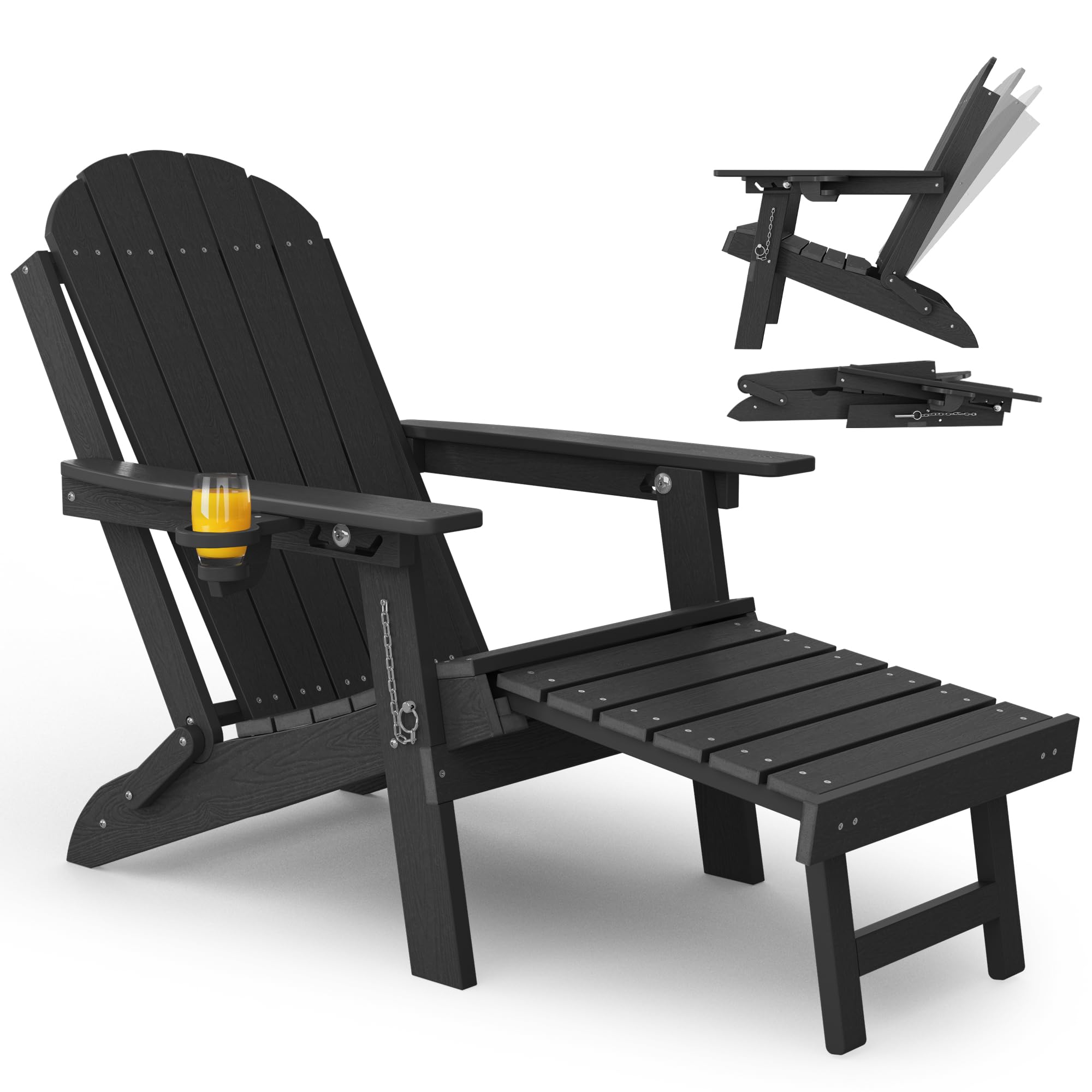 MXIMU Adirondack Stuhl Klappbar für Garten: Adirondack Chair Kunststoff mit Fußstütze & 3-Fach Verstellbarer Rückenlehne - Wetterfest HDPE Outdoor Stuhl für Balkon/Terrasse/Pool/Beach(Schwarz)