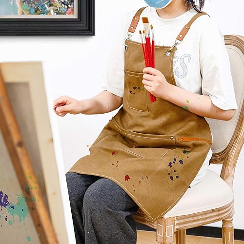 Miniatura 7 de LZMS Delantal de chef para hombres y mujeres, delantal de trabajo de lona con espalda cruzada con 3 bolsillos grandes, resistente al agua, tamaño