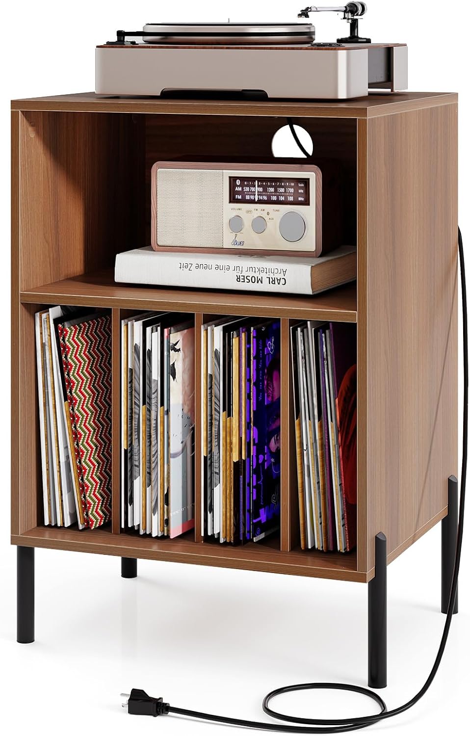 Giantex Soporte para tocadiscos con estación de carga, soporte para tocadiscos con armario de almacenamiento, estante para tocadiscos con patas de