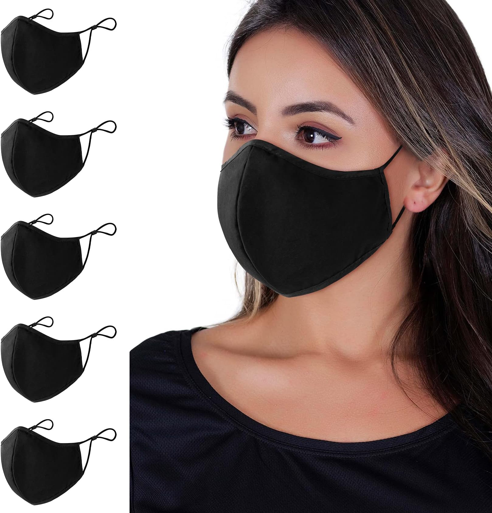 Black Face Mask 5-Pack Unisex Washable Reusable Face Cover Cotton Inner Layer Comfortable Breathable Black Cloth Mask (Green)