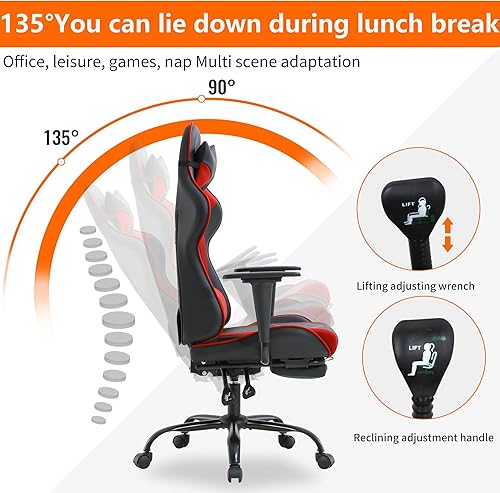 Miniatura 4 de Silla para videojuegos, respaldo alto, de piel sintética, silla de computadora con reposacabezas y soporte lumbar, asiento ancho ajustable en altura