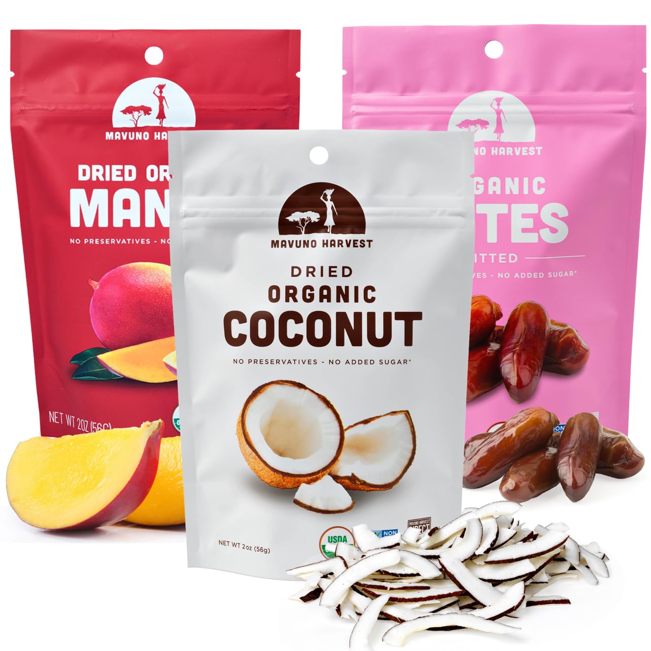 Mavuno Harvest Organic Dried Fruit Variety Pack | Dried Mango, Coconut, and Dates | Healthy, Vegan, No Sugar Added, Non GMO Snacks for Kids & Adults | 2 Ounce, Pack of 3