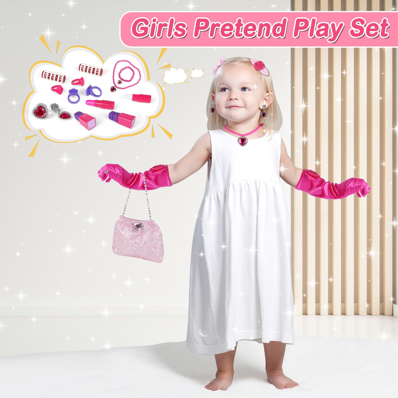 deAO Set Parrucchiera Bambina con Sgabello, Specchiera Trucco Bambina con Musica, Luce Salon Bambini Trucco Set per Ragazze Giochi Bambini da 3 Anni (Rosa)
