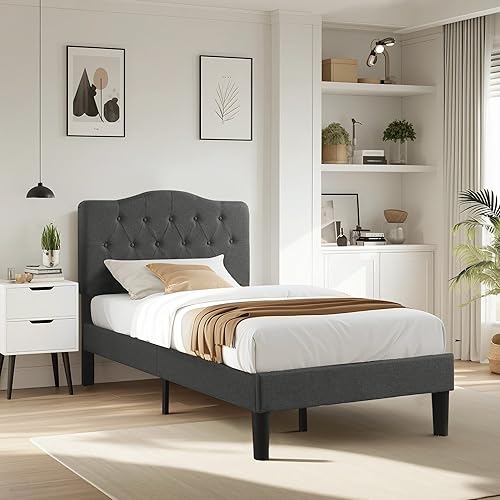 Miniatura 116 de VECELO Base de cama de plataforma de tamaño matrimonial con cabecera tapizada de tela y soporte de listones de madera, no necesita somier, fácil