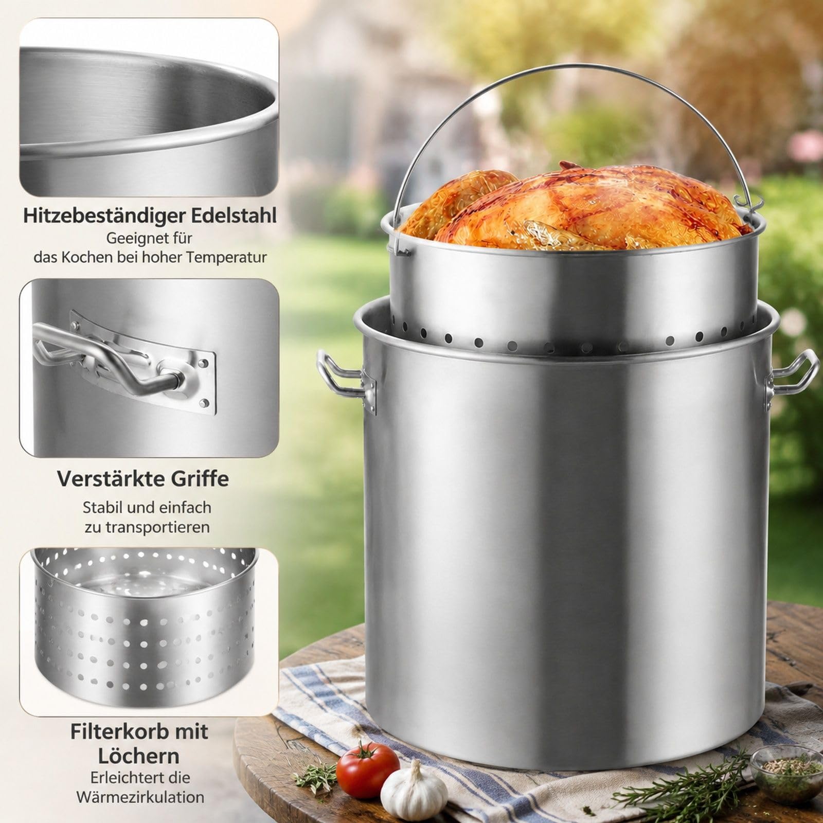 Edelstahl Suppentopf 60,5 L Silber mit Korb, Deckel und Griffen für Küche und große Veranstaltungen