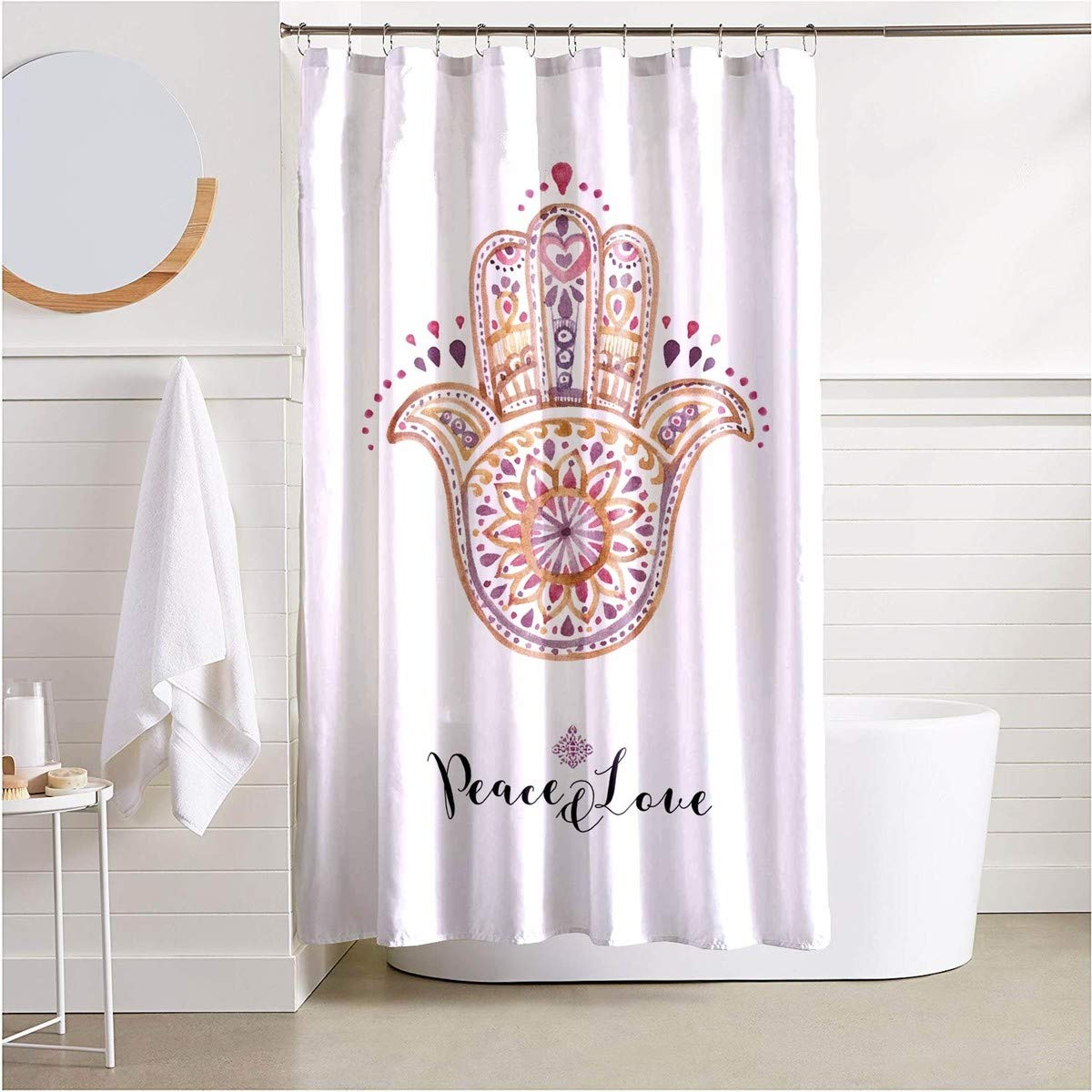 HMWR Pink Hamsa Hand of Fatima Good Luck Symbol Fabric Shower Curtain Oriental Ornament Meditation Mandala Bathroom Decor Weighted Shower Curtain for Bathtub Showers,72" x 72" White
