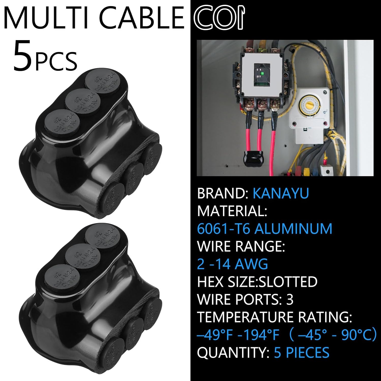 Kanayu 5 Pcs Black Insulated Multi Cable Connector, 3 Ports Electric Wire Connectors and Soldering Lugs, Single Side Entry Cable Splicers, with Oxide Inhibitor (2-14 Wire Range,1.98" x 1.30")