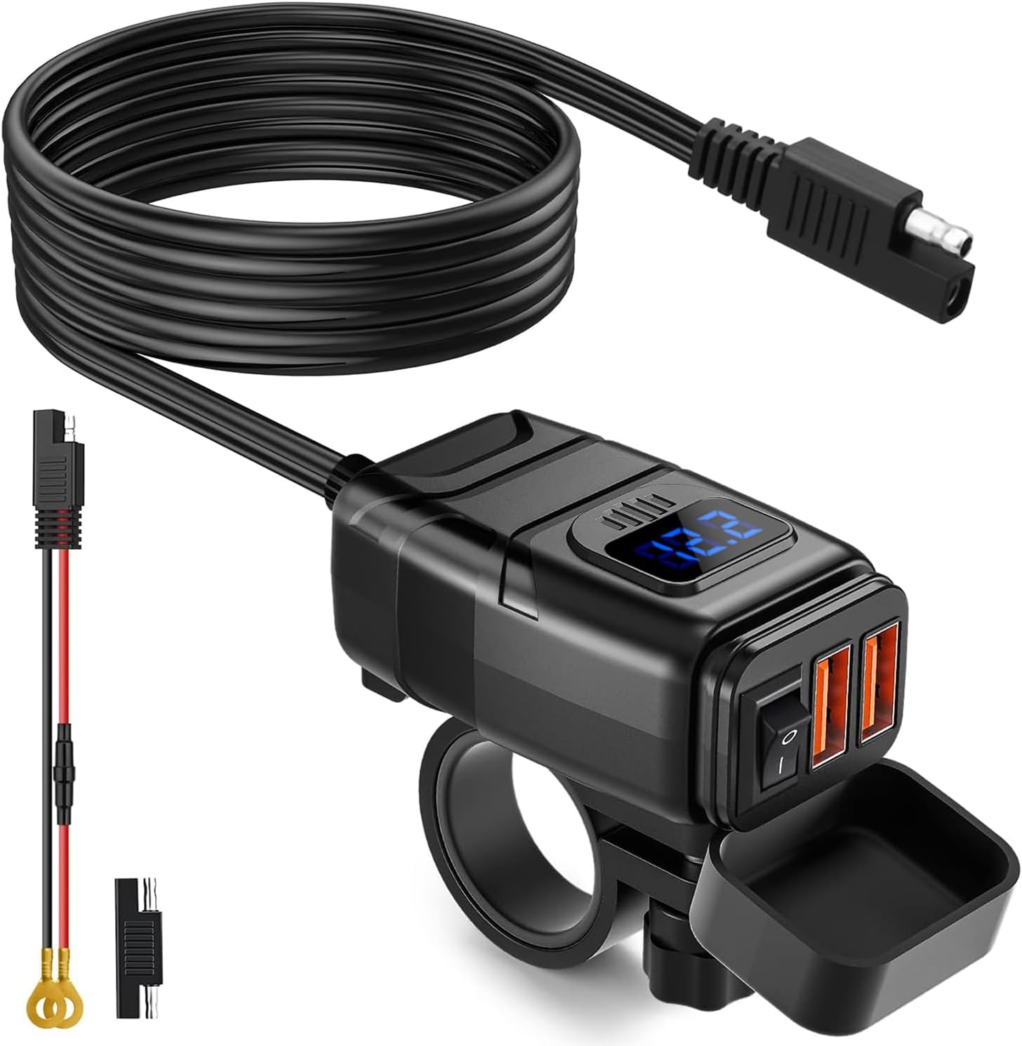 EXTRACTME - Motorcycle USB Charger, 6.8A, Quick Charge 3.0, Dual USB, Phone Charger with Voltmeter and On/Off Switch, SAE to USB Waterproof Disconnect Adapter