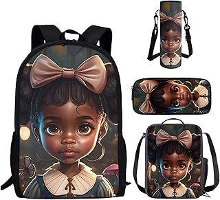 BYCHECAR African Black Girl Bookbags for Teen Girls with Lunch Box Pencil Case Elementary Middle School Kids Backpack Lunch Box Set School Bag Packs Princess Book Bags Water Bottle Carrier