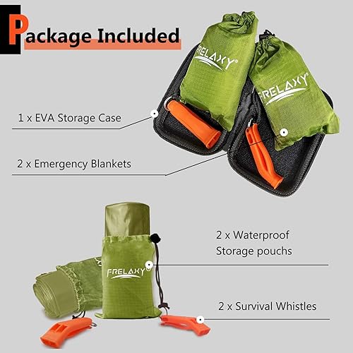 Vista 22 de Frelaxy Paquete de 2/4 mantas de emergencia, extra gruesas, extra grandes, con silbatos, bolsas de almacenamiento y funda de EVA Naranja - Paquete