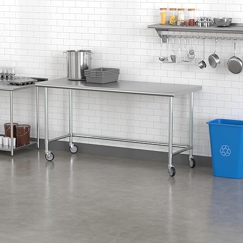 Miniatura 3 de Mesa de trabajo de base abierta de acero inoxidable 430 de calibre 18 de 30 x 72 pulgadas con ruedas giratorias de zinc resistentes de 5 pulgadas