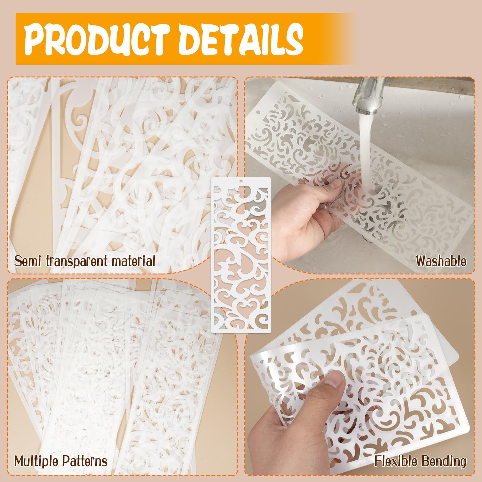 18 plantillas de borde de flores grandes para pintar, plantillas de plástico reutilizables para decoración de pasteles para hornear, plantillas de pintura de borde floral hueco para bricolaje, madera