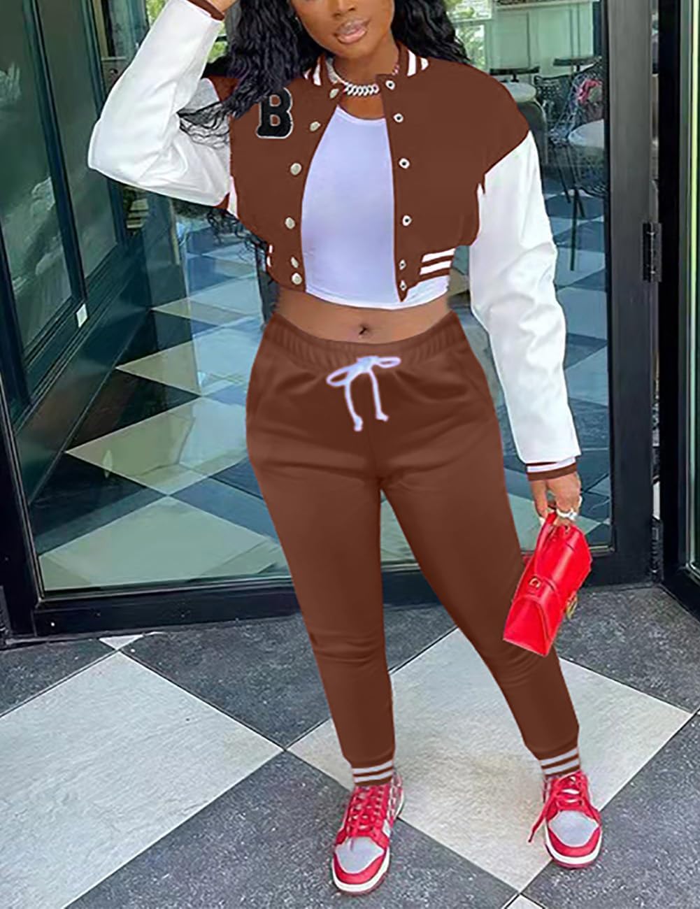 Fooullaide Women's Varsity Jacket Sweatsuit 2 Piece Tracksuit Crop Top Button Down Letterman Jackets Pants Sets - Image 2