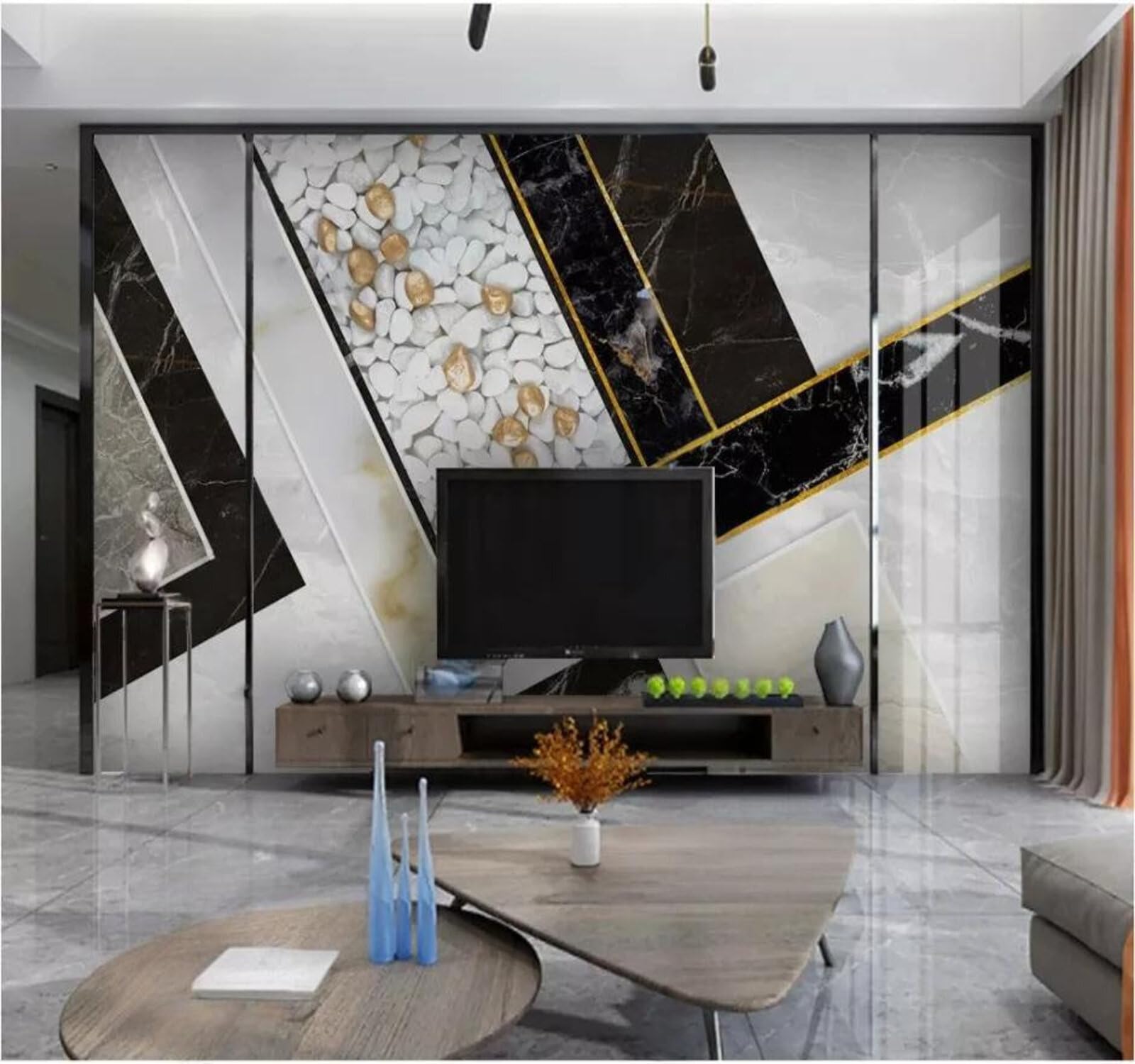 Astratto Bianco E Nero Geometrico Linee Effetto Marmo Moderna Carta Da Parati 3D Seta Pregiata Testurizzata Ideale Per La Camera Letto Del Soggiorno-200cm×140cm