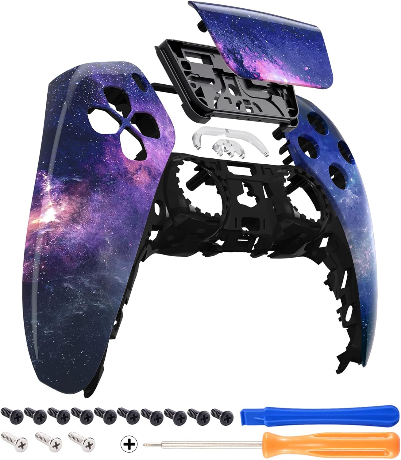 Exploded view of eXtremeRate Nebula Galaxy front shell, touchpad, and included tools