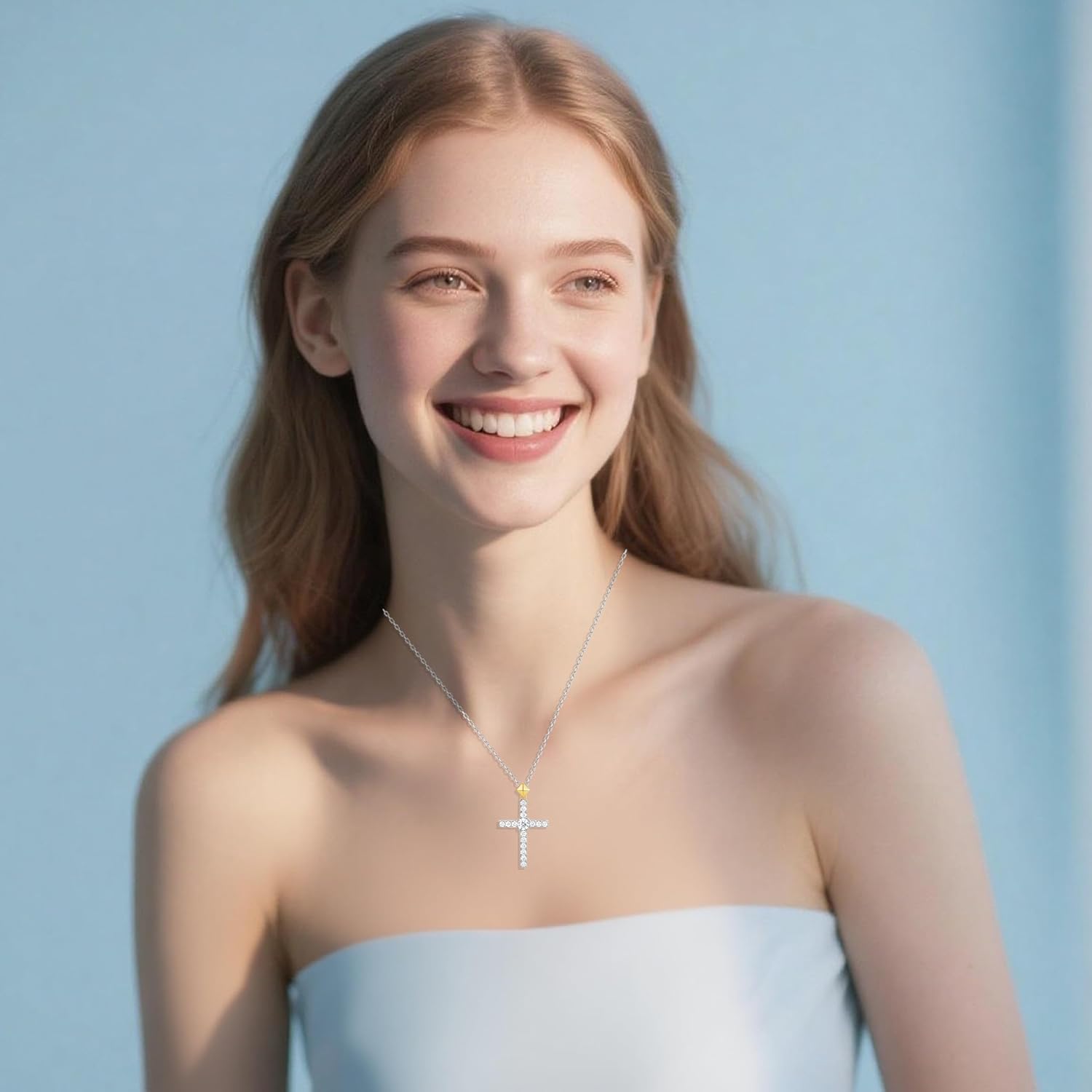 0.6 Carat LAB Grown Diamond Cross Pendent Necklace for Women in Gold Plated S925 Sterling Silver, Dainty Necklace Jewelry Gifts for Her, VS1-VS2 Clarity, E-F Color