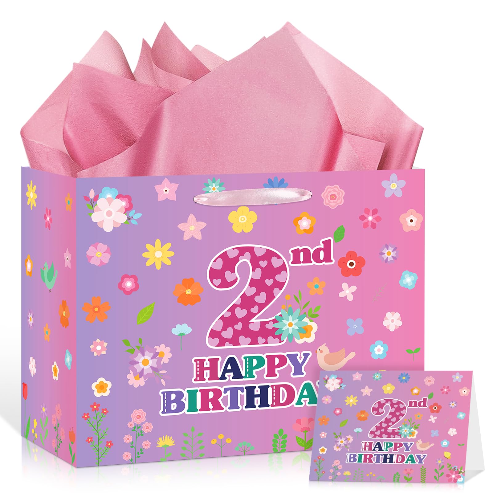 Floral 2nd Birthday Gift Bag Large Pink Purple 2nd Happy Birthday Bag with Tissue Paper and Greeting Card Two Years Old Wrapping Bags with Floral Design for Baby Girls Bday Party Favors Decor