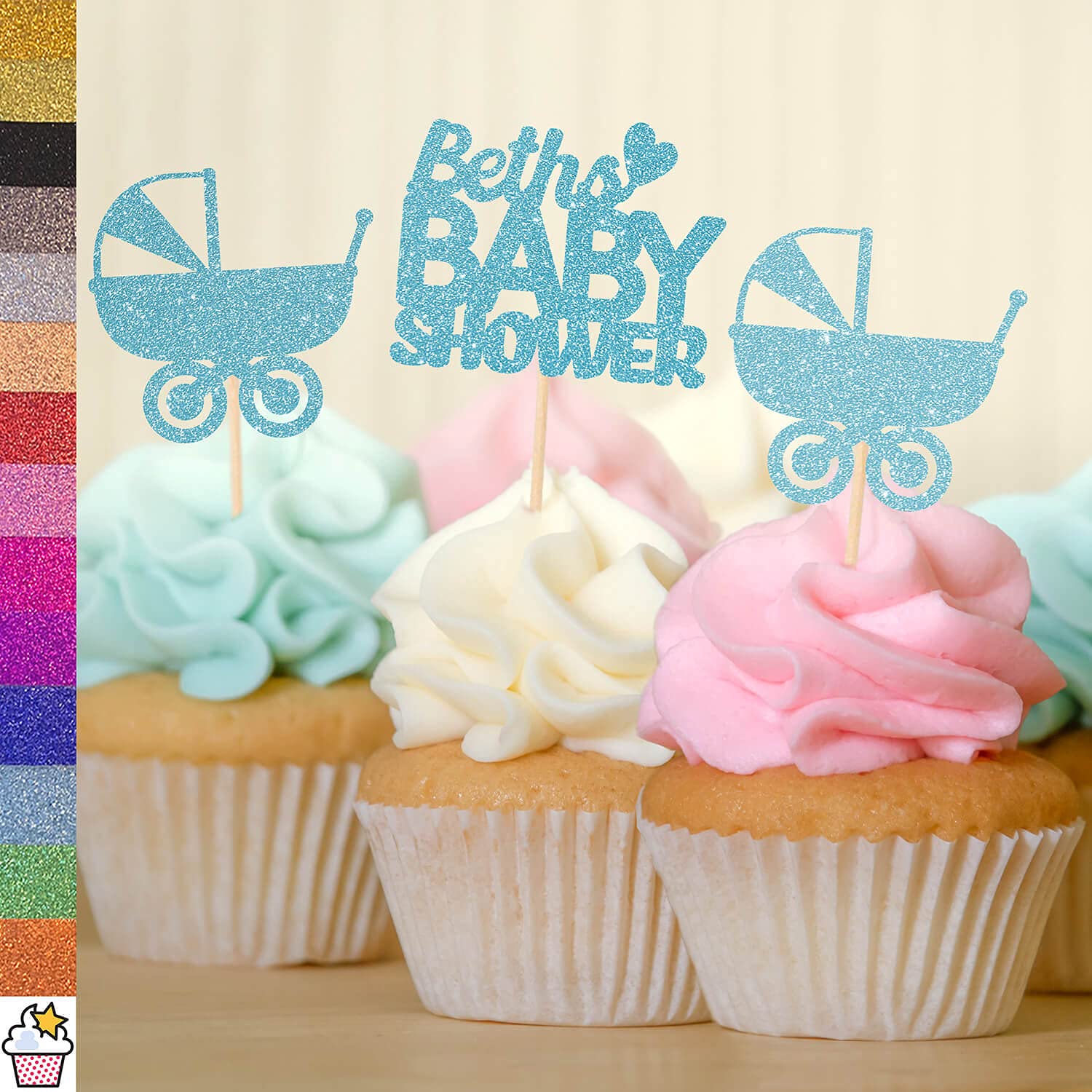 Cakeshop, decorazioni per cupcake personalizzate a doppio lato, con glitter, per baby shower, 14 colori, 480 g/m², di alta qualità, glitterate per cupcake, 6 pezzi, colore: blu