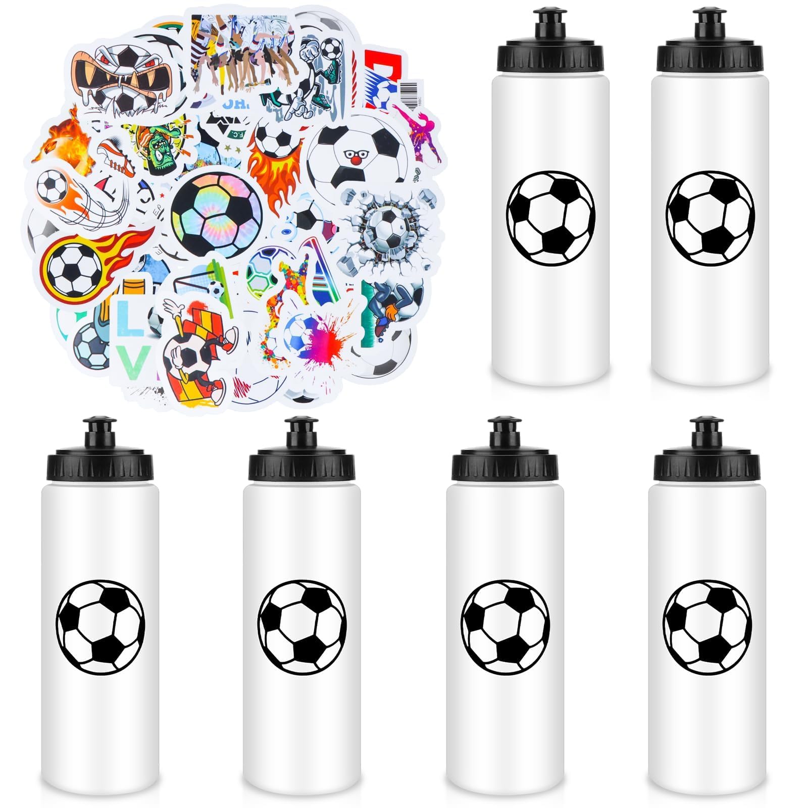 CNSJ 6 Pcs 20Oz Football Water Bottle Bulk with 60 PCS Stickers Plastic Sports Soccer Reusable Squeeze Bottle with Easy Open Cap for Fitness Adults Boys Team Gym Gifts Party Favours