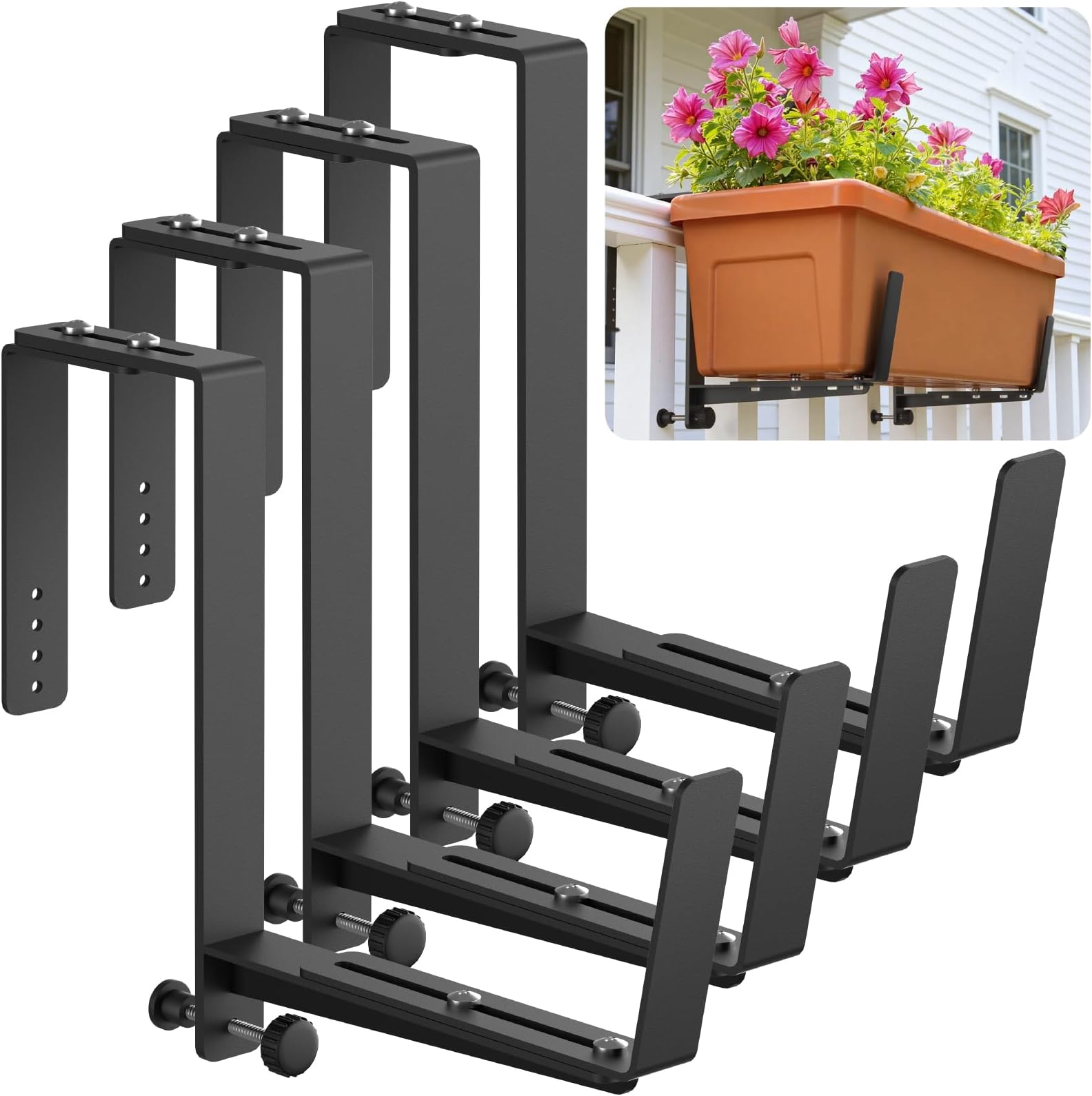 Window Box Brackets, Adjustable Planter Box Brackets, Heavy Duty Iron Flower Box Brackets for Railings, with Enhanced Bottom Support - Perfect for Balconies, Fences, and Gardens (Black, 4 Pack)