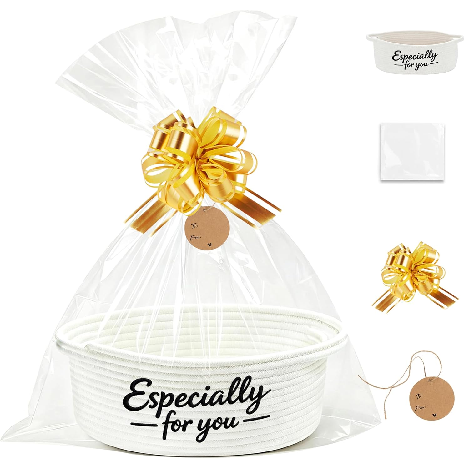 Small Empty Gift Basket with Bow, Ribbon, Tag & Clear Bag - "Especially for You" Embroidered Cotton Rope Bin (12x8x5") for Birthdays, Graduations, Father's Day & Holidays